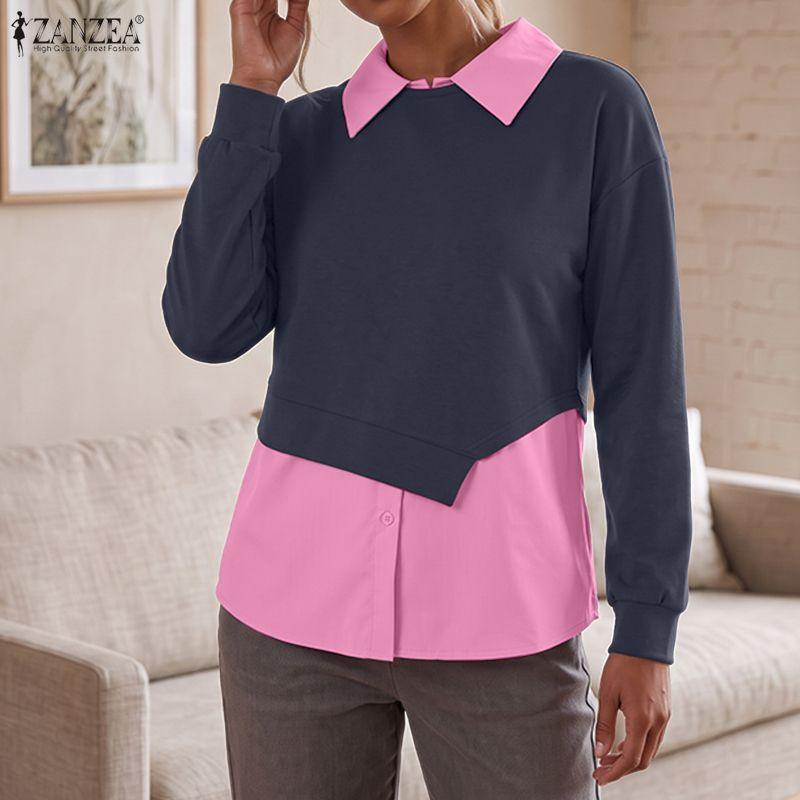 ZANZEA Damen Umlegekragen Langarm Patchwork Pullover Dünnes Sweatshirt