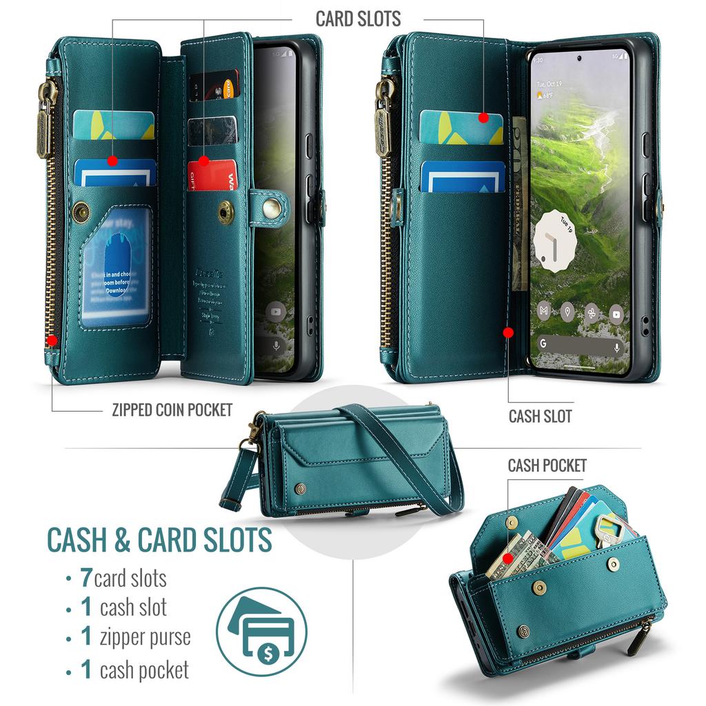 For Google Pixel 10 Pro/10/9 Pro/9 Leather Case CASEME C36 Zipper Multiple Card Slots Phone Cover with Straps