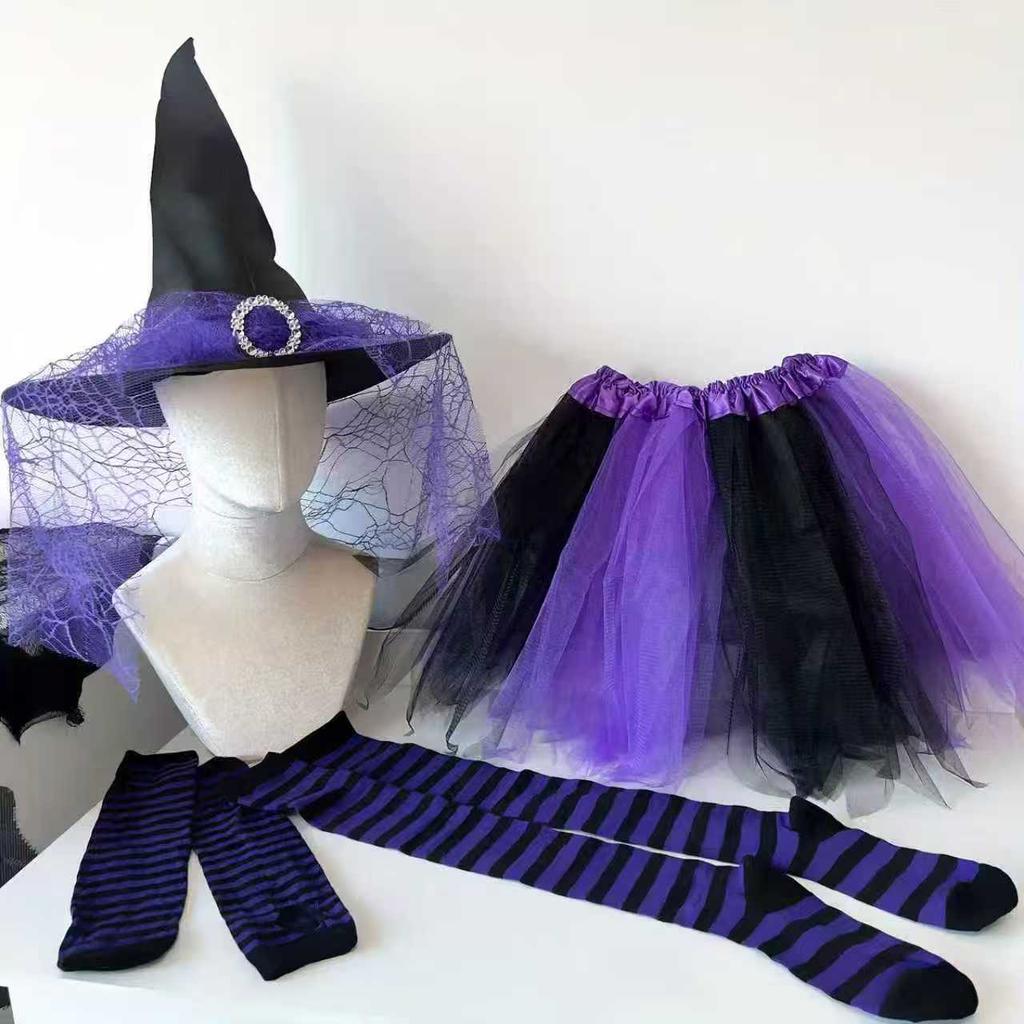 Halloween Party Festive Witch Hat Striped Stockings Trouser Set Hat Set