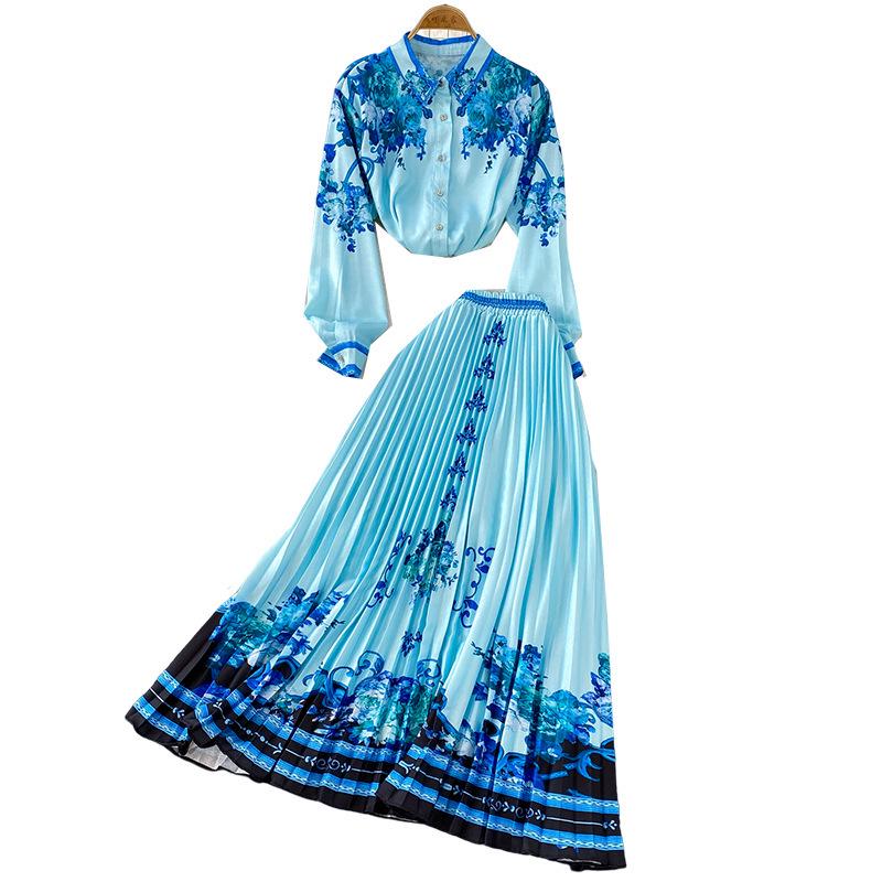 European Retro Single-Breasted Lapel Shirt & High-Waisted Pleated Skirt Set
