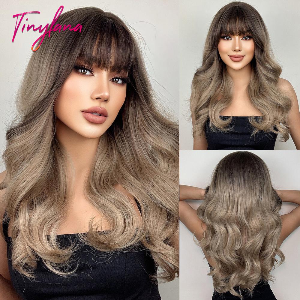 Light Pink Long Wavy Cosplay Synthetic Hair Wigs with Bangs for White Women Afro Lolita Water Wave Halloween Heat Reisitant Wig