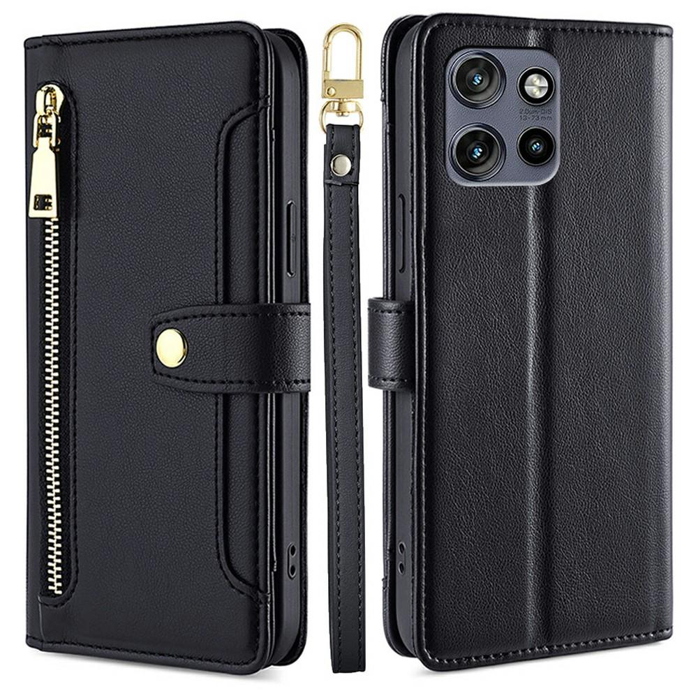 For Motorola Edge 50 Neo 5G Leather Case Zipper Pocket Wallet Phone Cover with 2 Straps