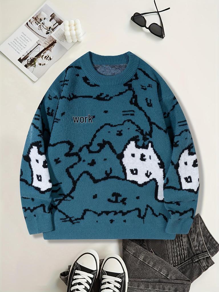 Men's Cute Cat Print Knit Pullover - Stylish Fall/Winter Round Neck Sweater