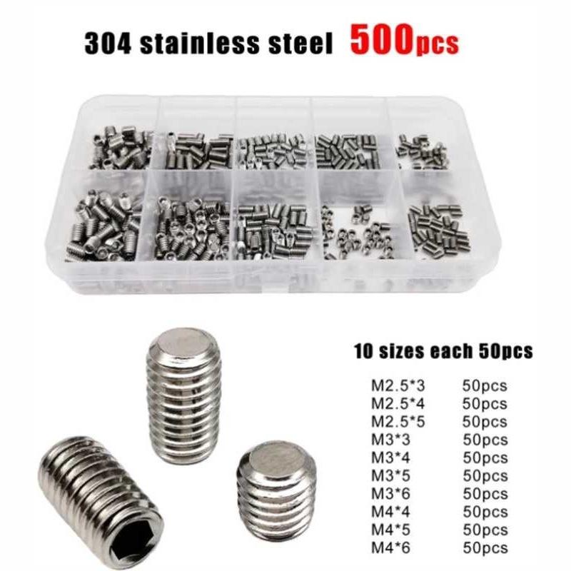 500pcs M2.5 M3 M4 DIN913 304 Stainless Steel Black Hex Hexagon Socket Allen Flat Point Grub Bolt Set Screw Kit Box