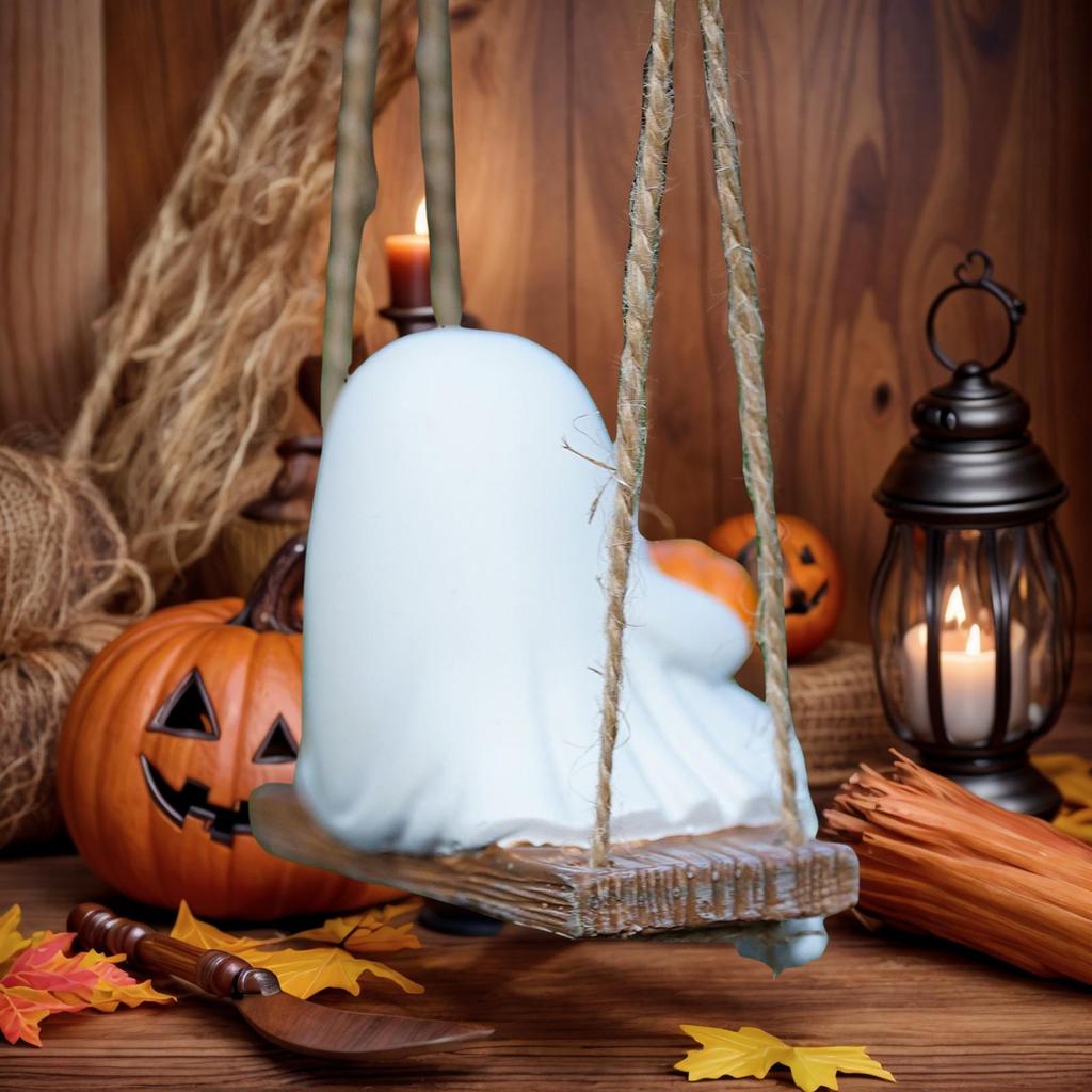 Halloween Skeleton Pumpkin Ornaments Swinging White Ghost Pumpkin Halloween Decor Resin Crafts Garden Wall Ghost Pendant