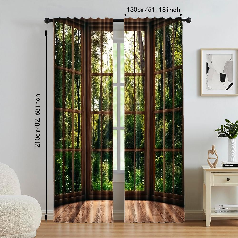 2Pcs Forest Scenery Printed Window Curtains Rod Pocket Decorative Window Drapes Window Treatments For Bedroom Living Room Home
