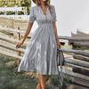 Women Summer Casual V Neck Striped Short Sleeve Button Dress Medium Long With Tassel