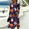 Women's Halloween Print V-Neck Long Sleeve Casual Dress with Pockets