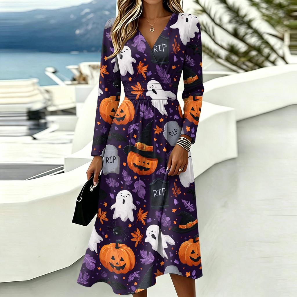 Women's Halloween Print V-Neck Long Sleeve Casual Dress with Pockets