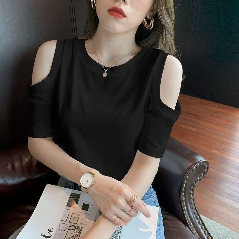Thin Summer Loose Korean Short-sleeved Off-shoulder Top T-shirt Makes You Look Slim Fat MM Large-size Round Neck Women