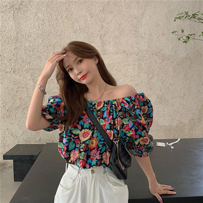 Women's Summer Seaside Holiday Off-shoulder Flower Color Shirts Female Large Size Loose Two Ways To Wear T-shirt Top