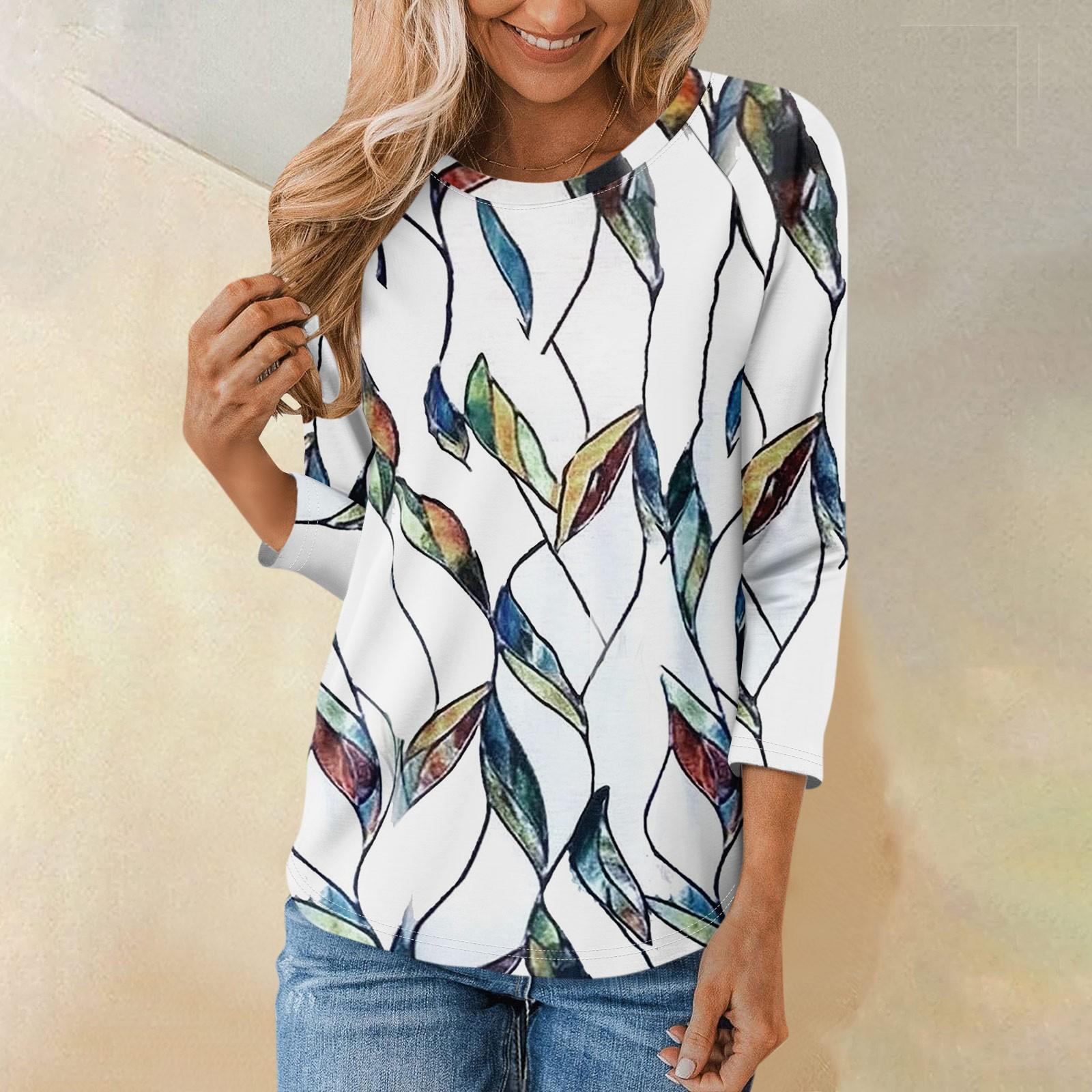 

Женская модная повседневная рубашка с круглым вырезом и рукавами 3/4, свободная футболка с принтом, женский топ XL белый