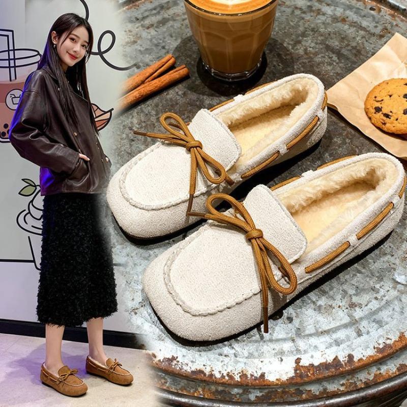 Bow-tie Fluffy Shoes for Women's Autumn and Winter Outer Wear, New Velvet One-pedal Pregnant Women's Bean Shoes, Warm Cotton Shoes