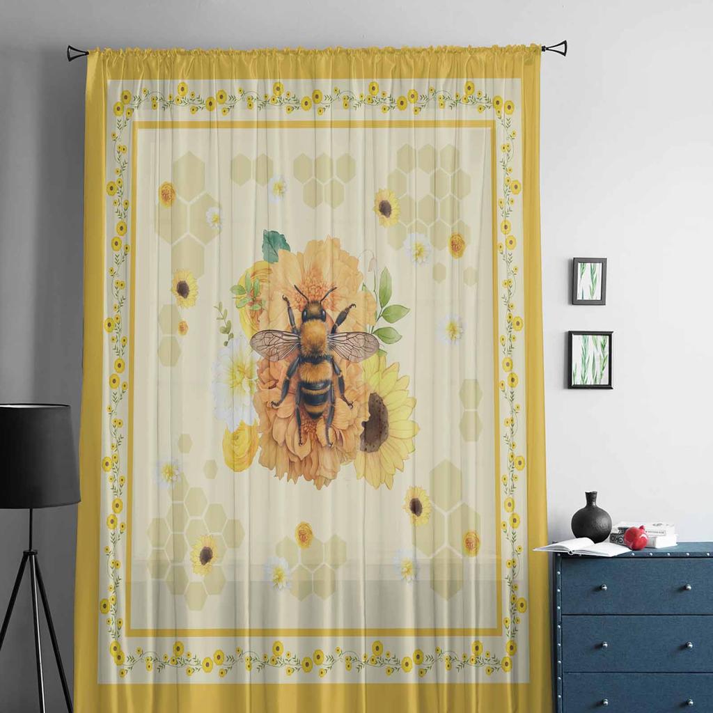 Flowers Bees Animals Honeycomb Yellow Window Tulle Curtains for Living Room Bedroom Hotel Luxury Decoration Sheer Curtains