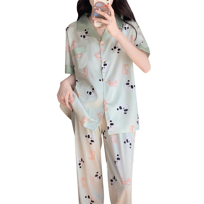 Pajamas Women'S Summer Ice Silk Short Sleeve Suit Red Panda Trousers Two-Piece Set Outside Loungewear