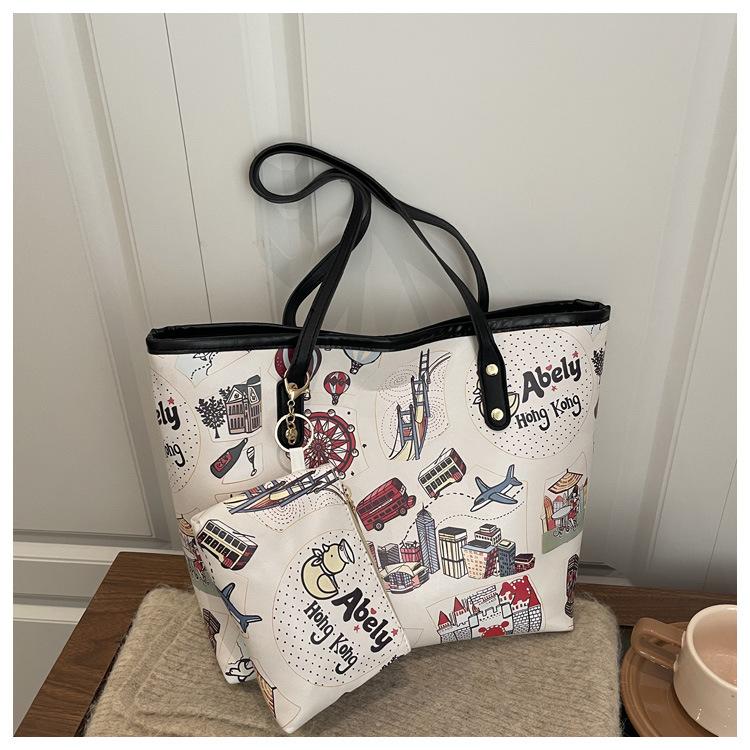 

Fashi Printed Graffiti Shoulder Bag Women Large Capacity Commuter Vintage High Quality Handle Bag Comfortable Composite Bag чёрный