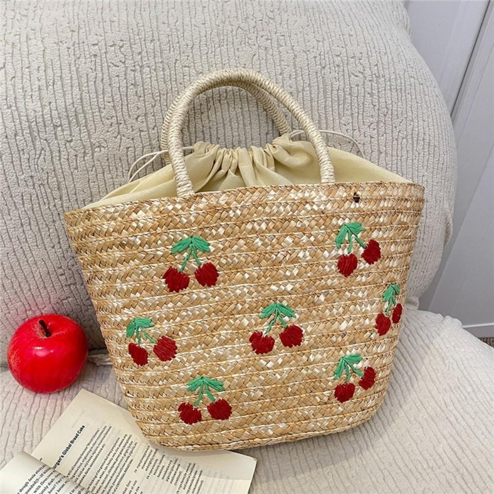 Embroidery String Straw Tote Bags Coconut Tree Design Sweet Casual Woven Handbags Bohemian Style New Design