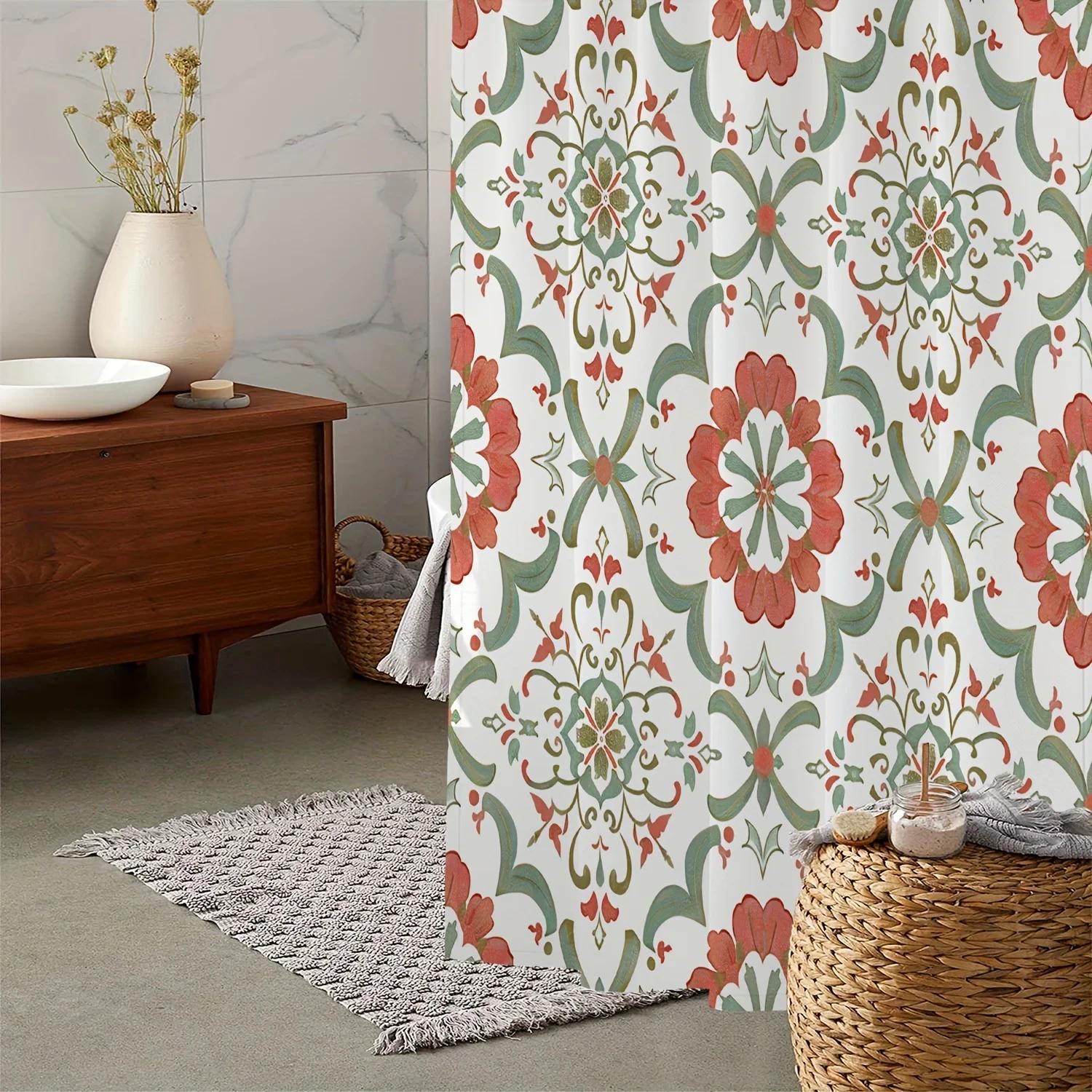 

One Piece Vintage Polygonal Floral Pattern Mandala Print Shower Curtain, Window Curtain With 12 Hooks Curtain For Windows W60H190(CM)-1 Pcs
