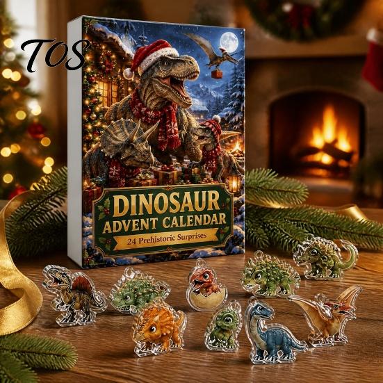 Odolná akrylová vánoční ozdoba 24denní dinosauří adventní kalendář 2026, Roztomilý 2D odpočítávací kalendář s krabičkami a figurkami, Sváteční dárky pro děti, Milence