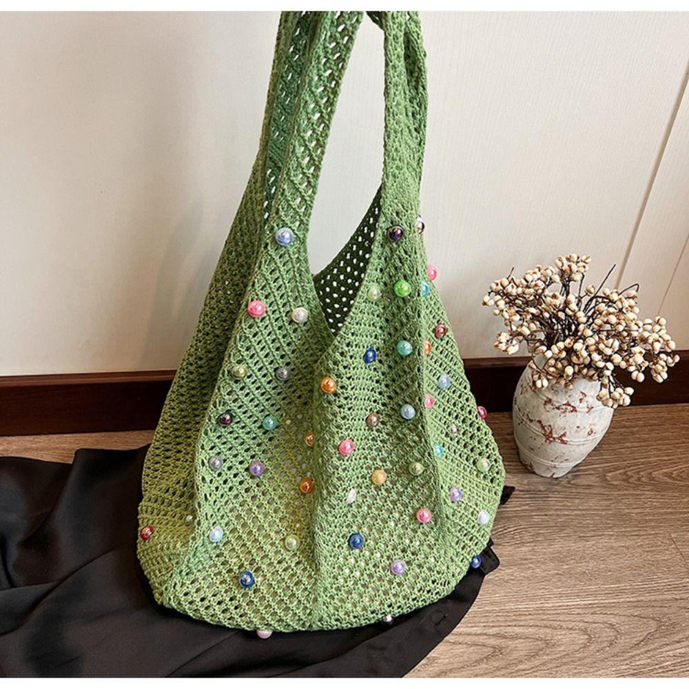 Casual Boho Crochet Beach Tote Bag Hollow with Colored Beads Knitted Bag Handmade Large Capacity Tote Bag