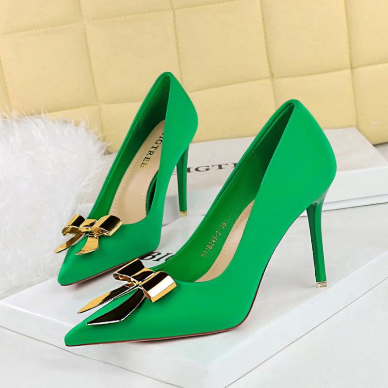 Fashionable Pointed High Heels Metal Bow Thin Heels Single Shoes For Women's Satin Light Mouth Women's Shoes Elegant And Simple