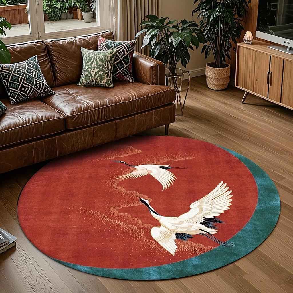 Traditional Elegant Dual Cranes and Clouds Print Round Area Rug for Living Room, Bedroom and Commercial Space Decor