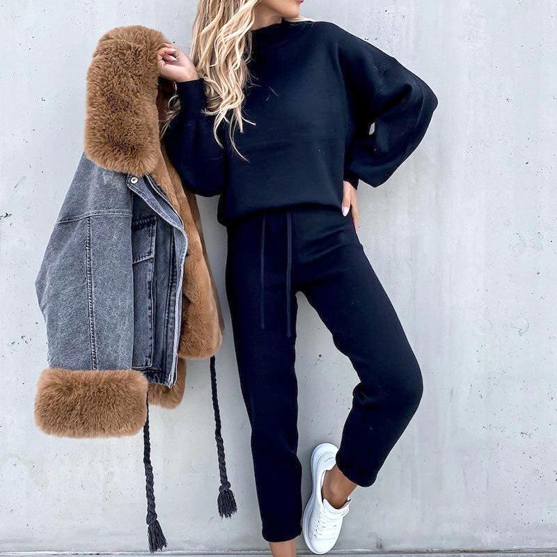 2021 Winter Women's High Neck Casual Loose Solid Hoodie & Trousers Two-Piece Set