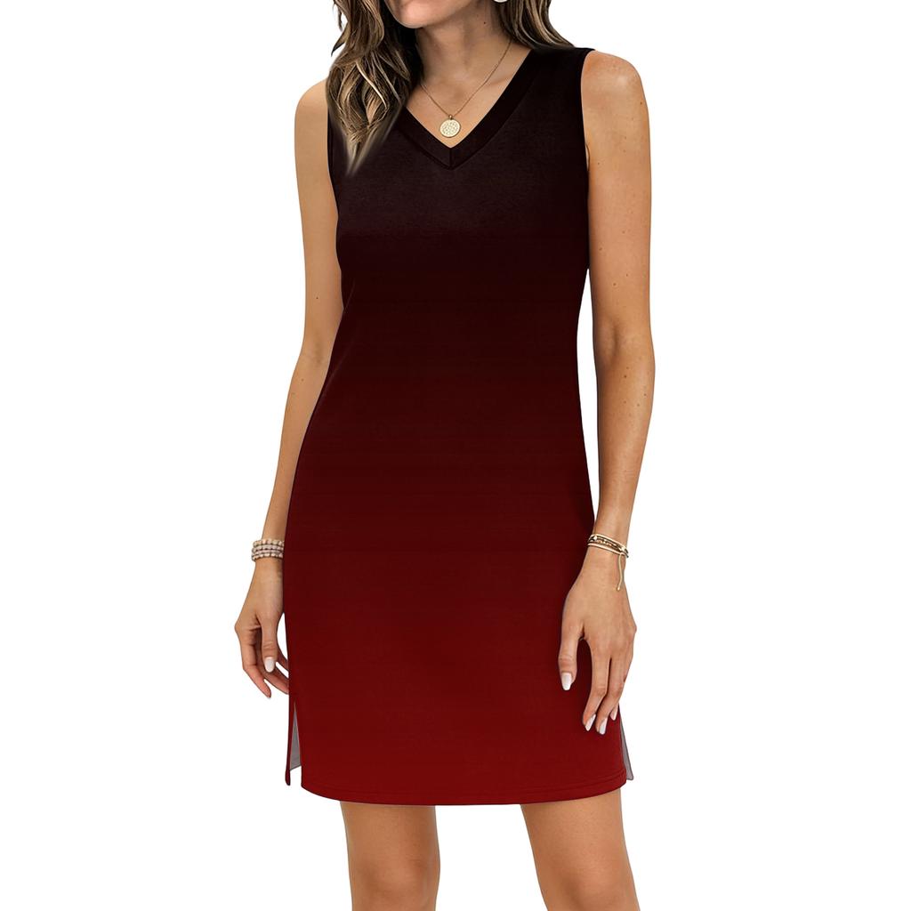 Women's Casual V-neck Sleeveless Split Hem Gradient Dress