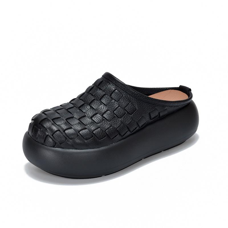 

Johnature Genuine Leather Retro Woven Round Toe Women s Platform Slippers Lightweight Thick Soled Slip-on Shoes 40 чёрный