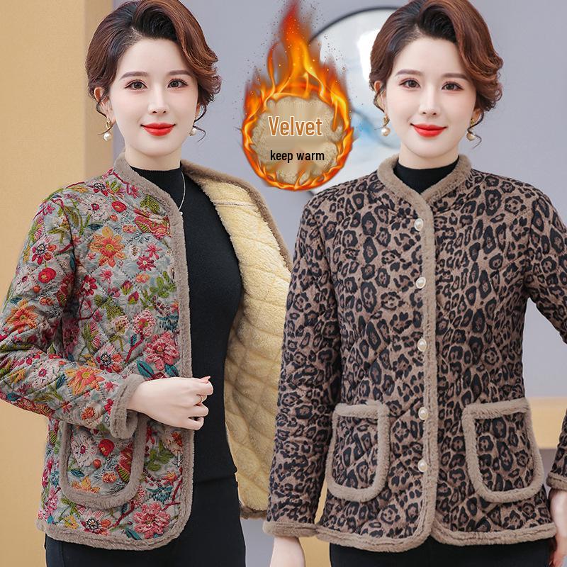 Winter Fashion Cotton Coat for Middle-Aged and Elderly Mothers, Plus Velvet Warmth, Slimming Style