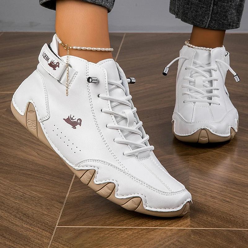 Damen Nude Stiefel Leder Modisches Schnürdesign Bequeme Weichsohlige Schuhe Tägliche Aktivitäten Spazierengehen Reisen Hohe Schuhe