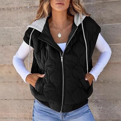 Novedad 2025 Chaqueta sin mangas de bloques de color para mujer Chaleco casual de otoño con capucha y cordón Ropa de abrigo de moda para mujer