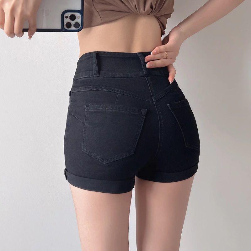 

Fashion Sheath Sexy Curved-Edge High Waist Denim Shorts Summer Women s Slim Looking A- line Double Breasted Big Stretch Hot Shorts Tide Black M105-115