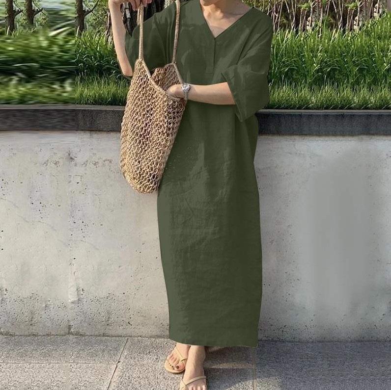 European and American new women's clothing, loose short-sleeved v-neck solid color large-size cotton and linen dress