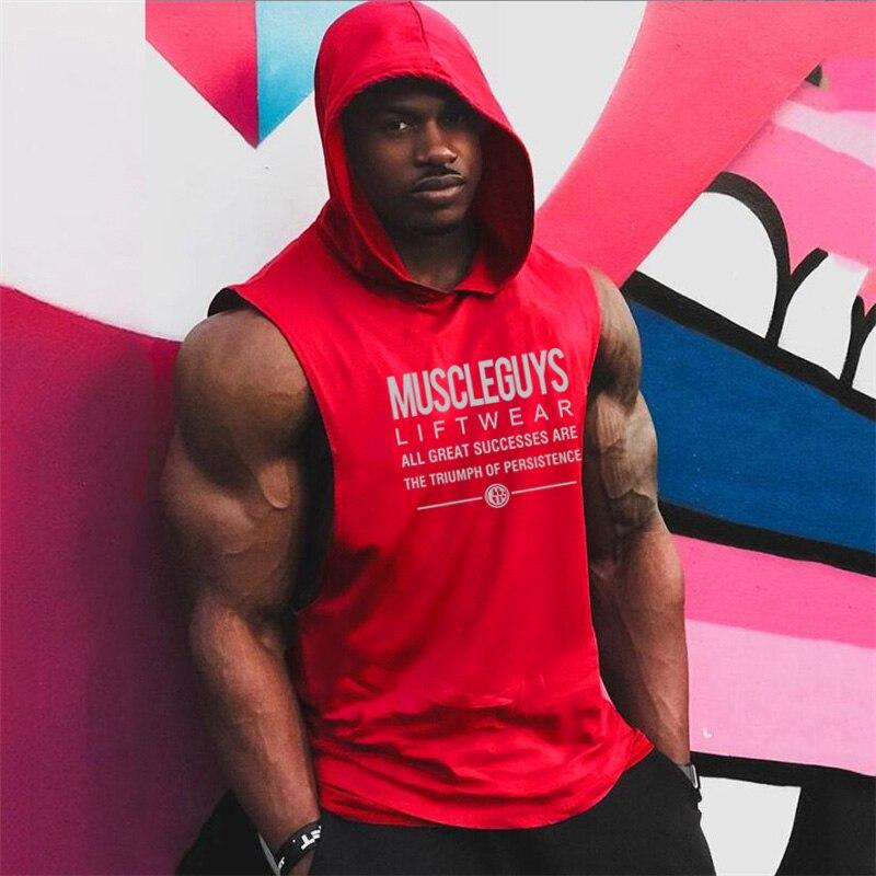 Muscleguys Muscleguys Brand Summer Mens Letters Print Gym Stringer Hooded Vest Bodybuilding Clothing Fitness Sleeveless Tank Tops Men