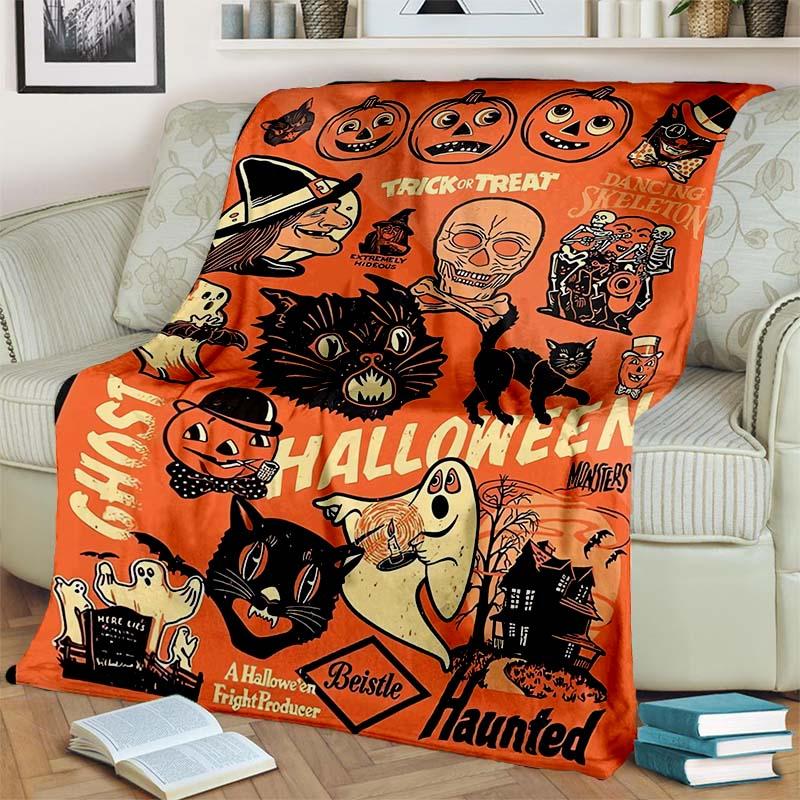 Halloween Pumpkin Ghost Print Flannel Blanket Cozy Warm Throw Bedroom Sofa Present Indoor Home Holiday Lounge Bedding Decor