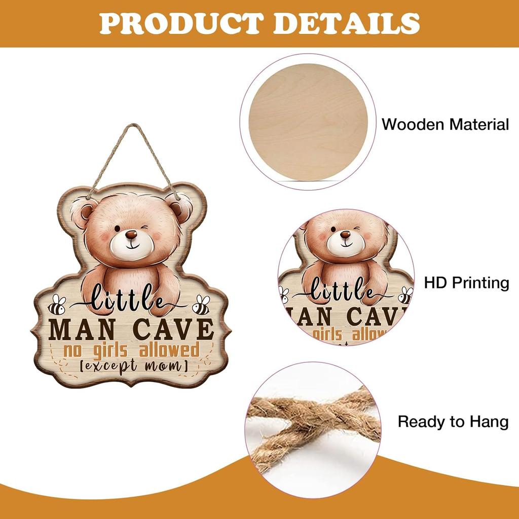 Little Man Cave No Girls Allowed Expect Mom Front Door Sign, Cute Bear Bee Wood Hanger Boy Toddler Baby Nursery Home Decor, Farmhouse Wooden Wreath