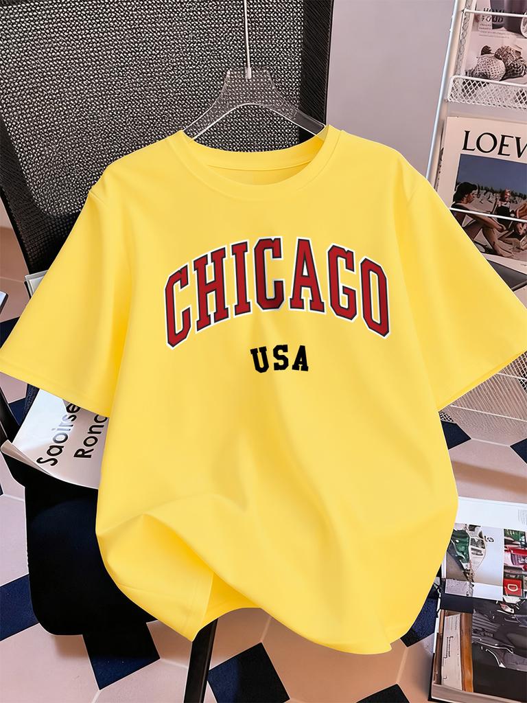 Chicago Usa Letter Printing TShirt Women Summer Short Sleeve Tops Comfortable Soft ONeck T Shirt Casual Womans Clothes
