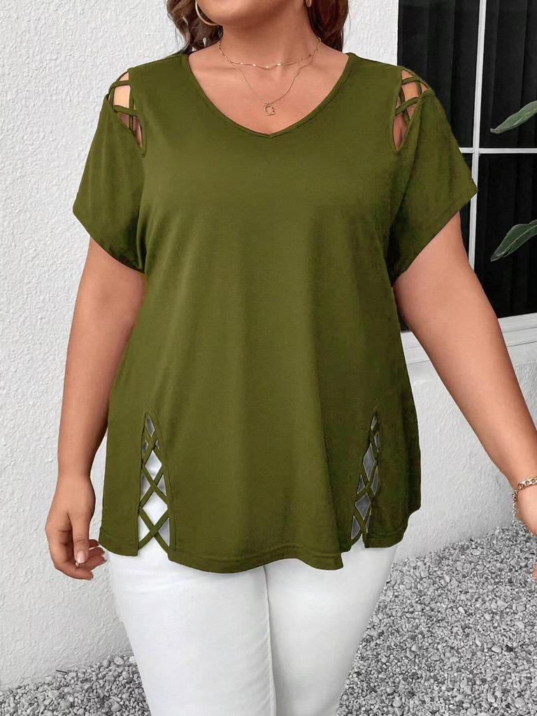 2026 Plus Size V-Neck Cross Strap Hollow Short Sleeve Women's T-shirt