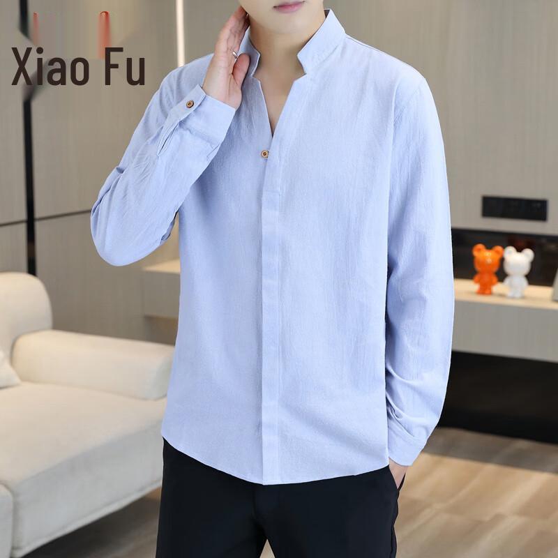 Men s Linen Long-Sleeve Stand-Collar Shirt 4XL