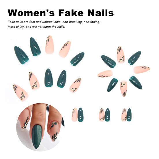 Yousheng 1 Set Fake Nails Matte Green Leaf Easy To Apply Remove Minimalistic Sweet Anti-break Fake Nails Women Supply