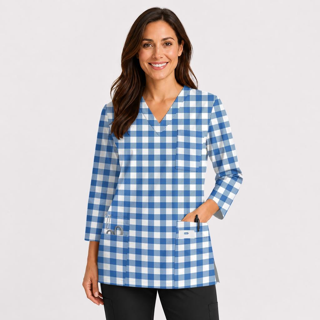 Women's V-Neck Scrub Top with Pockets and Side Slits, 3/4 Sleeve Uniform Work Top
