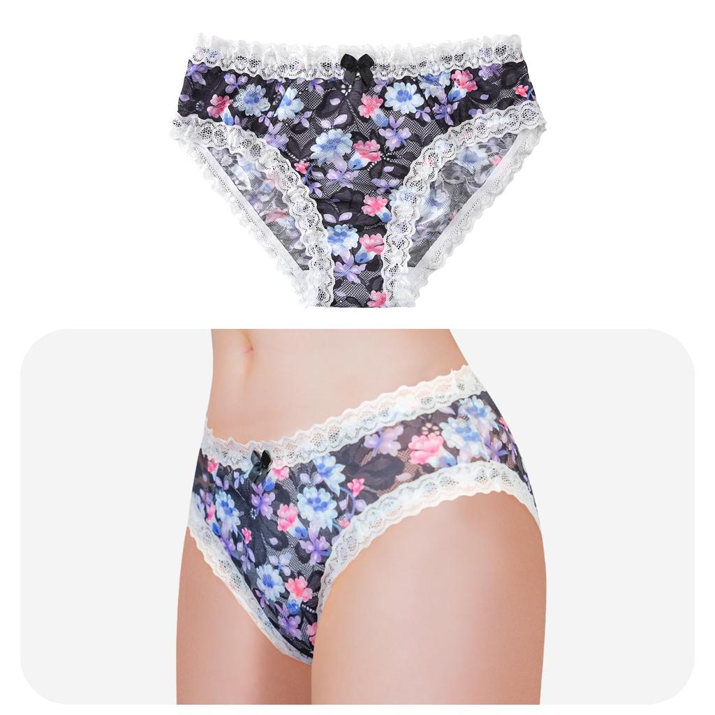 LittleForBig Men's Body-Facing Panties, Blooming Flowers [Country Style] Mesh Panty Briefs, Black, Size L