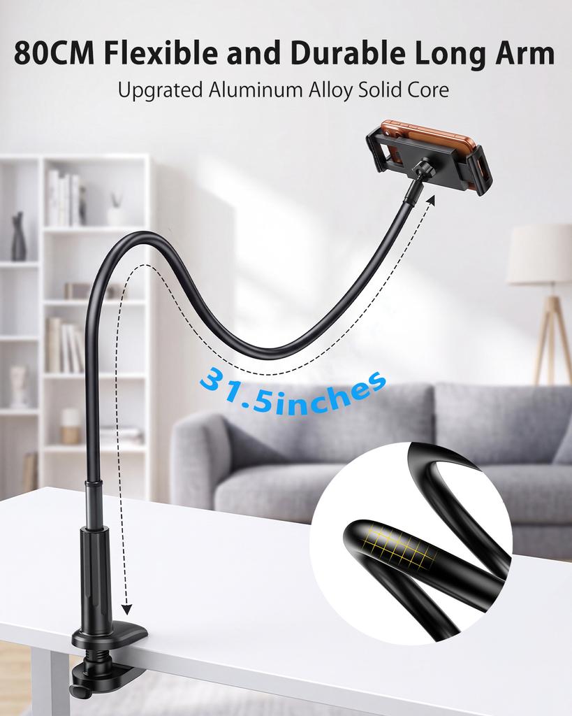 Oatsbasf Flexible Gooseneck Phone Holder for Bed, Bedside, Desk,Headboard,31.5in Long Arm, 360° Rotation Overhead Phone Mount