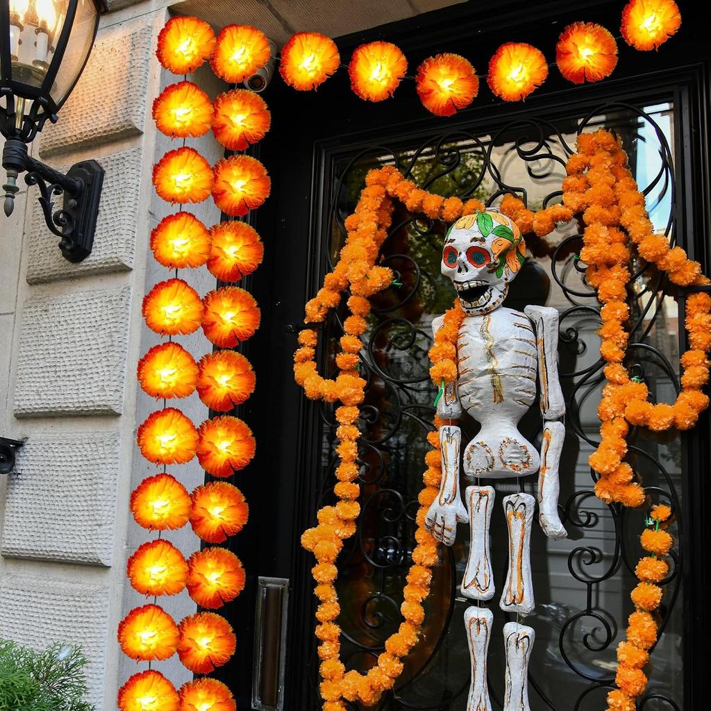 1-10PCS Day of the Dead Marigold LED Garland Artificial Flower String Lights for Halloween Party Dia de los Muertos Decoration