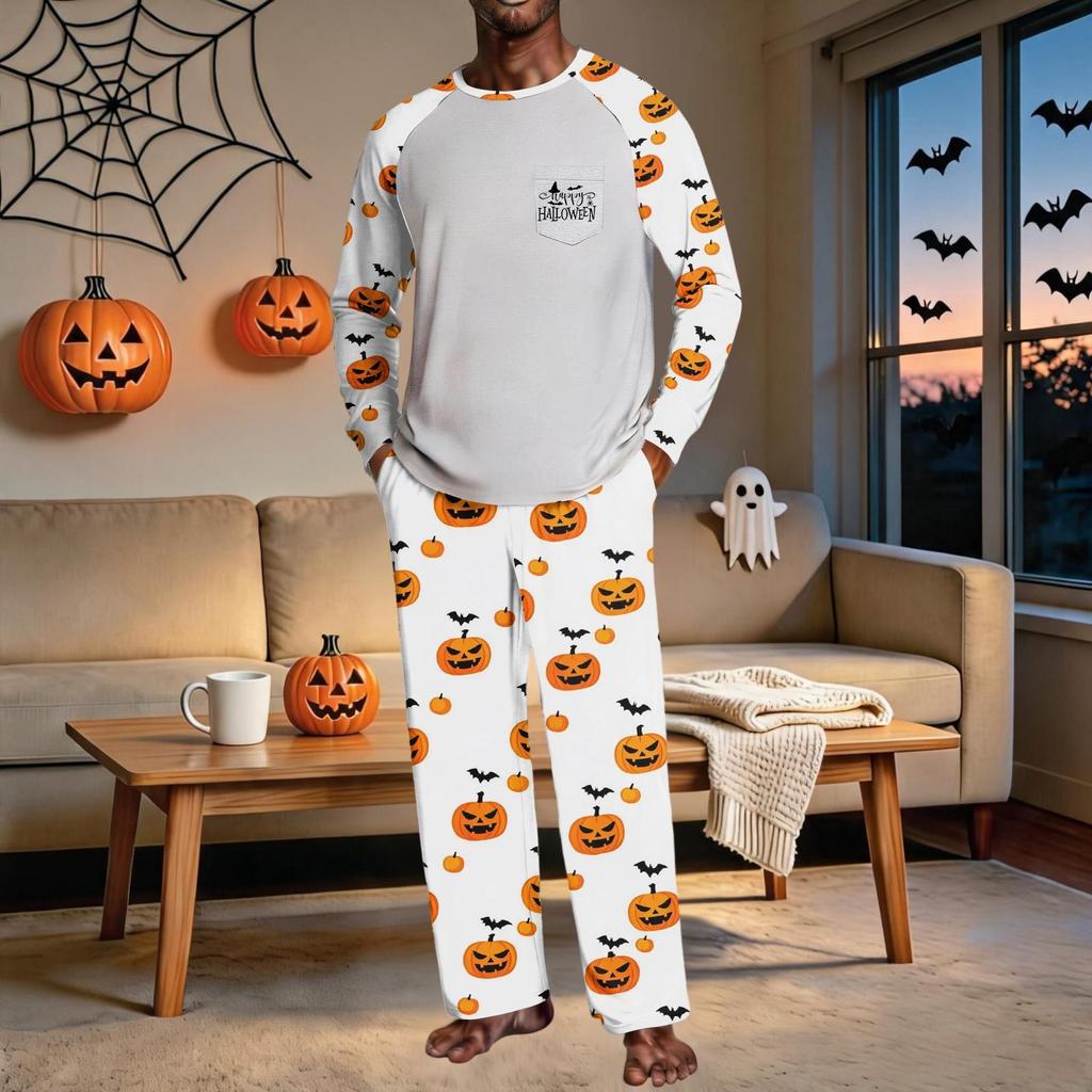 Men's Halloween Pajama Set with Raglan Long Sleeve Top, Pockets and Elastic Waist Pants - Loose Fit 2-Piece Sleepwear