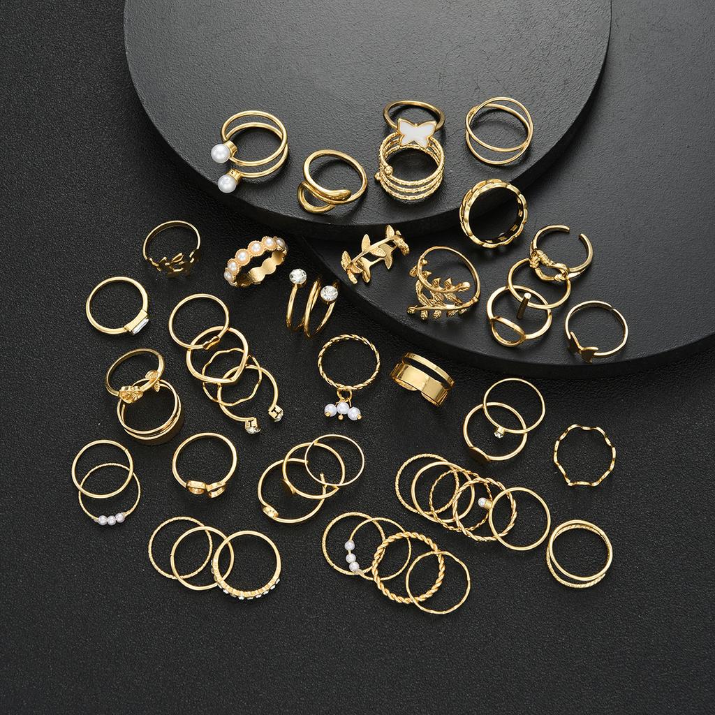 Fashion Minimalist Vintage Elegant Heart Butterfly Faux Pearl Rhinestone Geometric Wave Infinity Metal Rings Set Party Jewelry