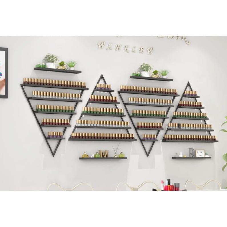 Elegant Gold Wall Mounted Nail Polish Rack - Set of 6 Triangular Cosmetic Display Shelves for Essential Oil Bottles, Organize Your Lipsticks and
