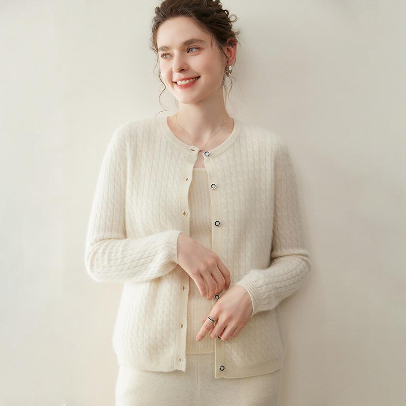 Women's 100% Pure Cashmere Cable Knit Round Neck Cardigan Sweater for Autumn and Winter