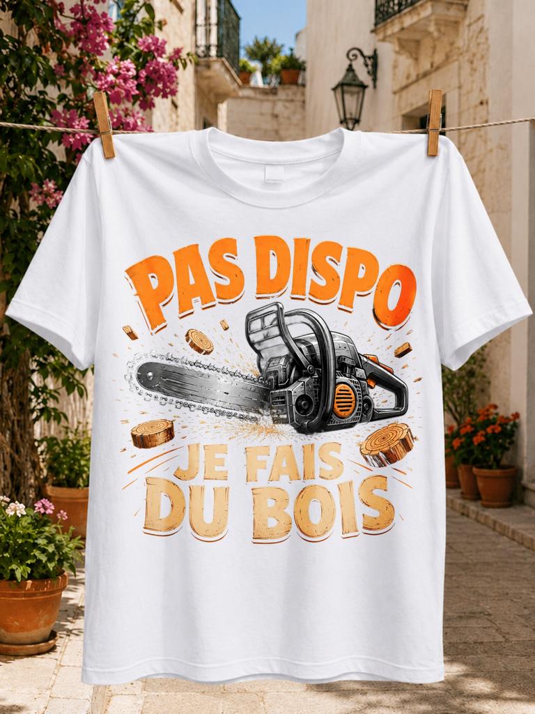 Pas Dispo Je Fais Du Bois Chainsaw Graphic French Woodcutting Humorlogs Sawdust And Bold Orange Unisex All TShirt